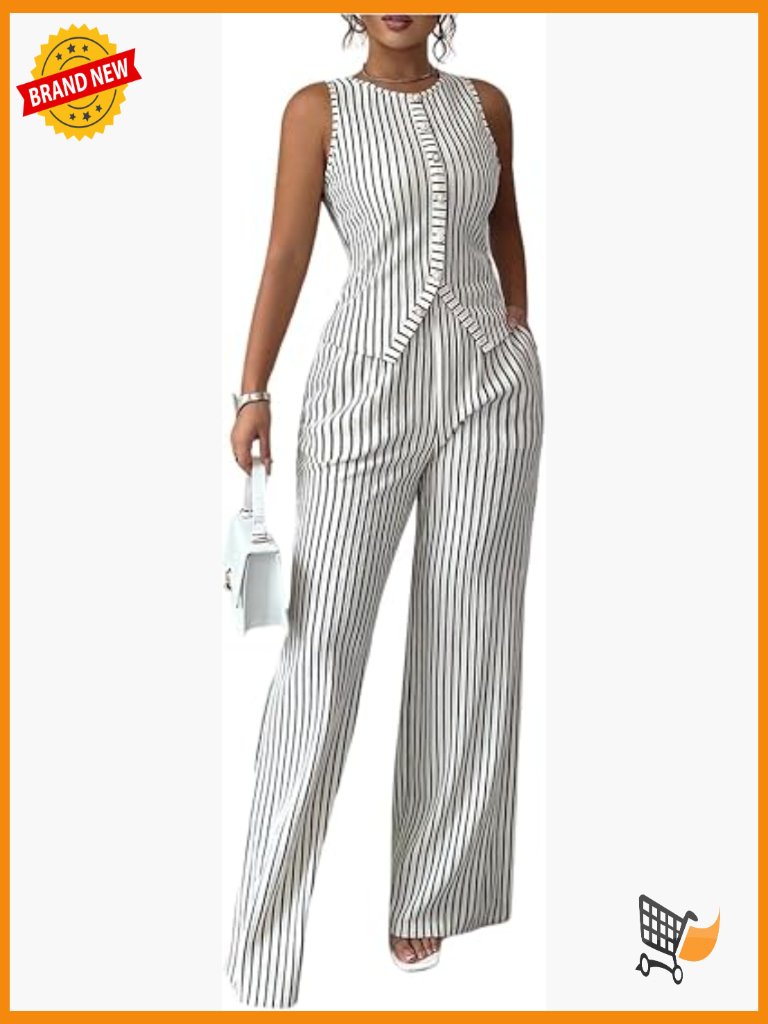 Striped Button Up Sleeveless Tank Top & Pants Business Casual Set
